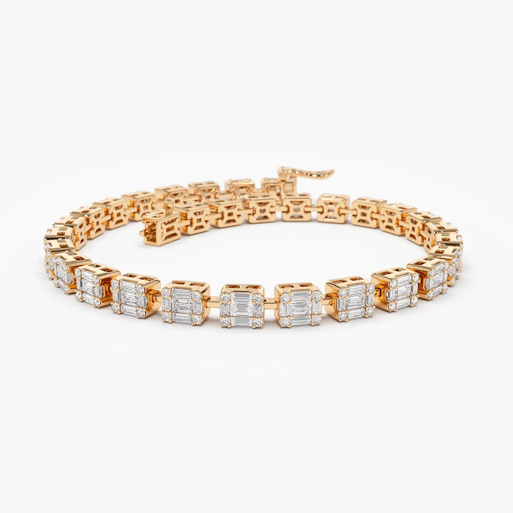 14K Baguette and Round Diamond Illusion Setting Tennis Bracelet