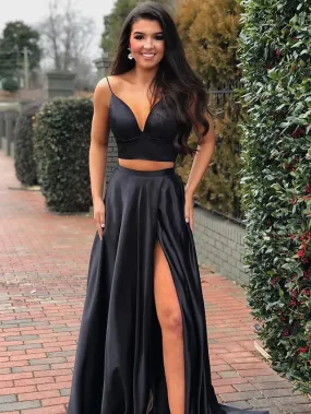 A-Line Prom Dresses Minimalist Dress Party Wear  Sleeveless V Neck Satin with Pleats Slit