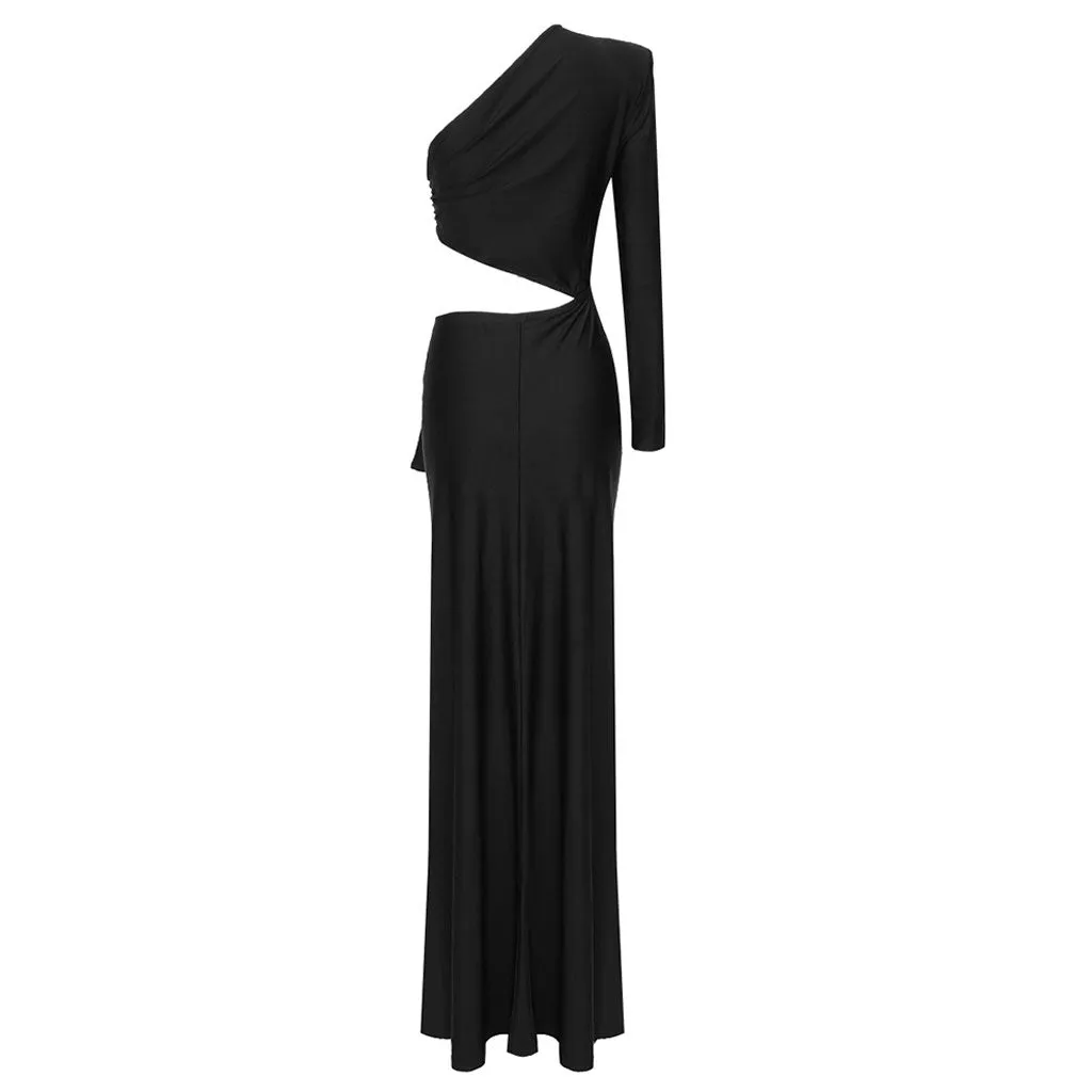 Asymmetric One Shoulder CutOut Draping Bow Ruched High Slit Maxi Dress - Black