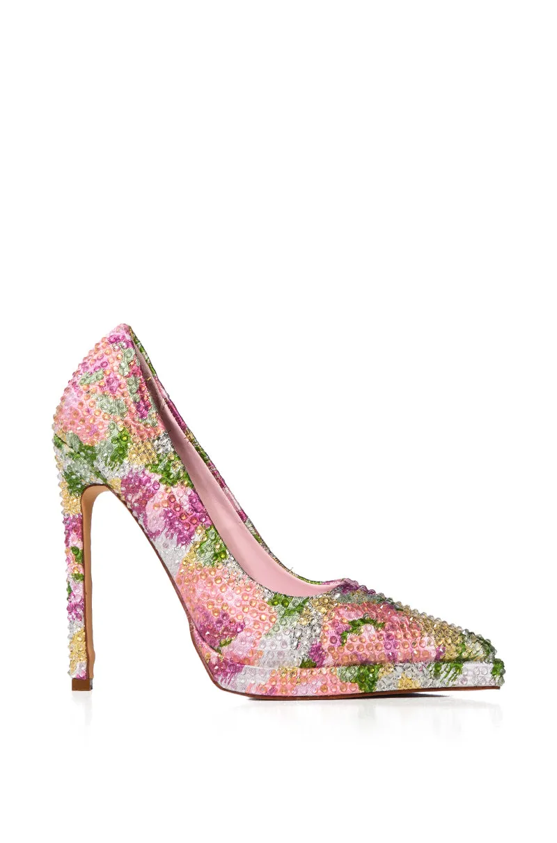 AZALEA WANG MILLICENT MULTI FLOWER PATTERN RHINESTONE PUMP