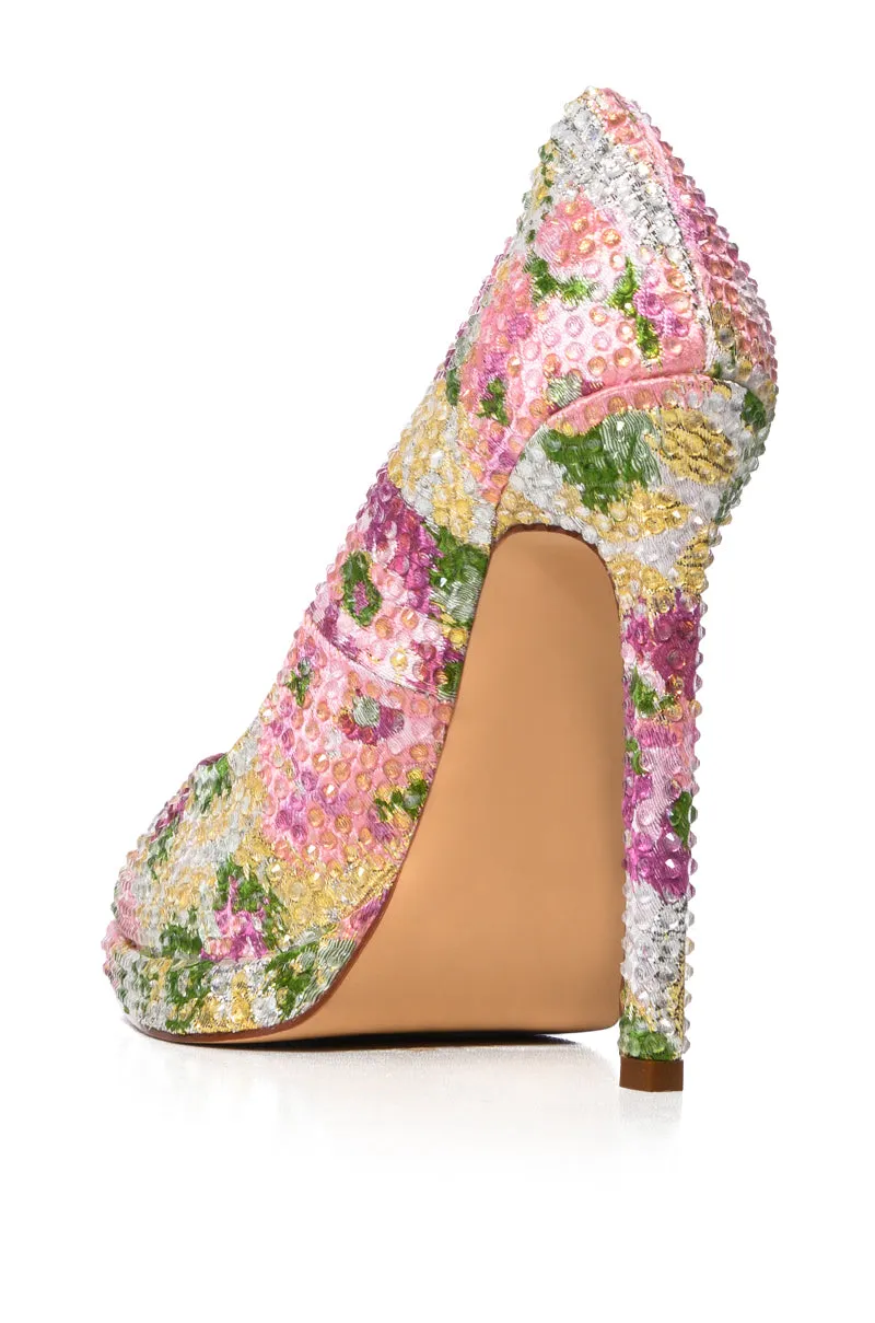 AZALEA WANG MILLICENT MULTI FLOWER PATTERN RHINESTONE PUMP