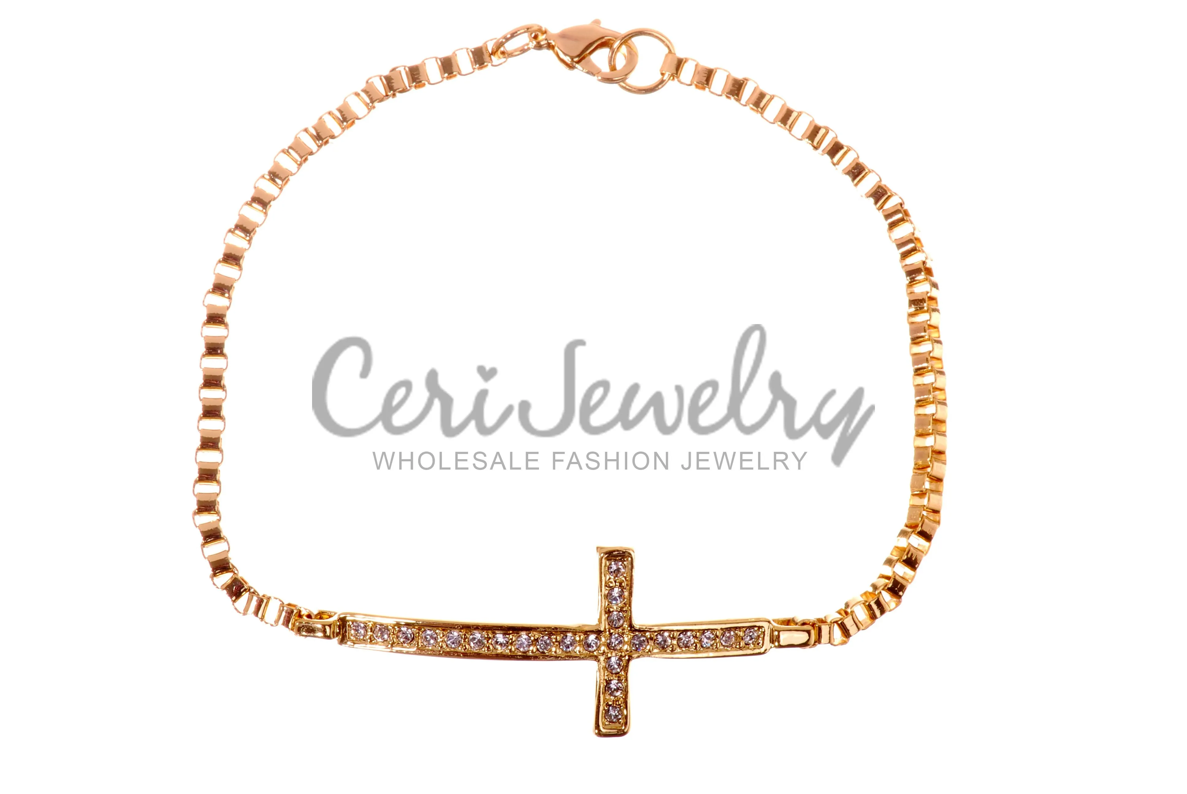 B7114 18K Gold Plated Sideways Cross Bracelet