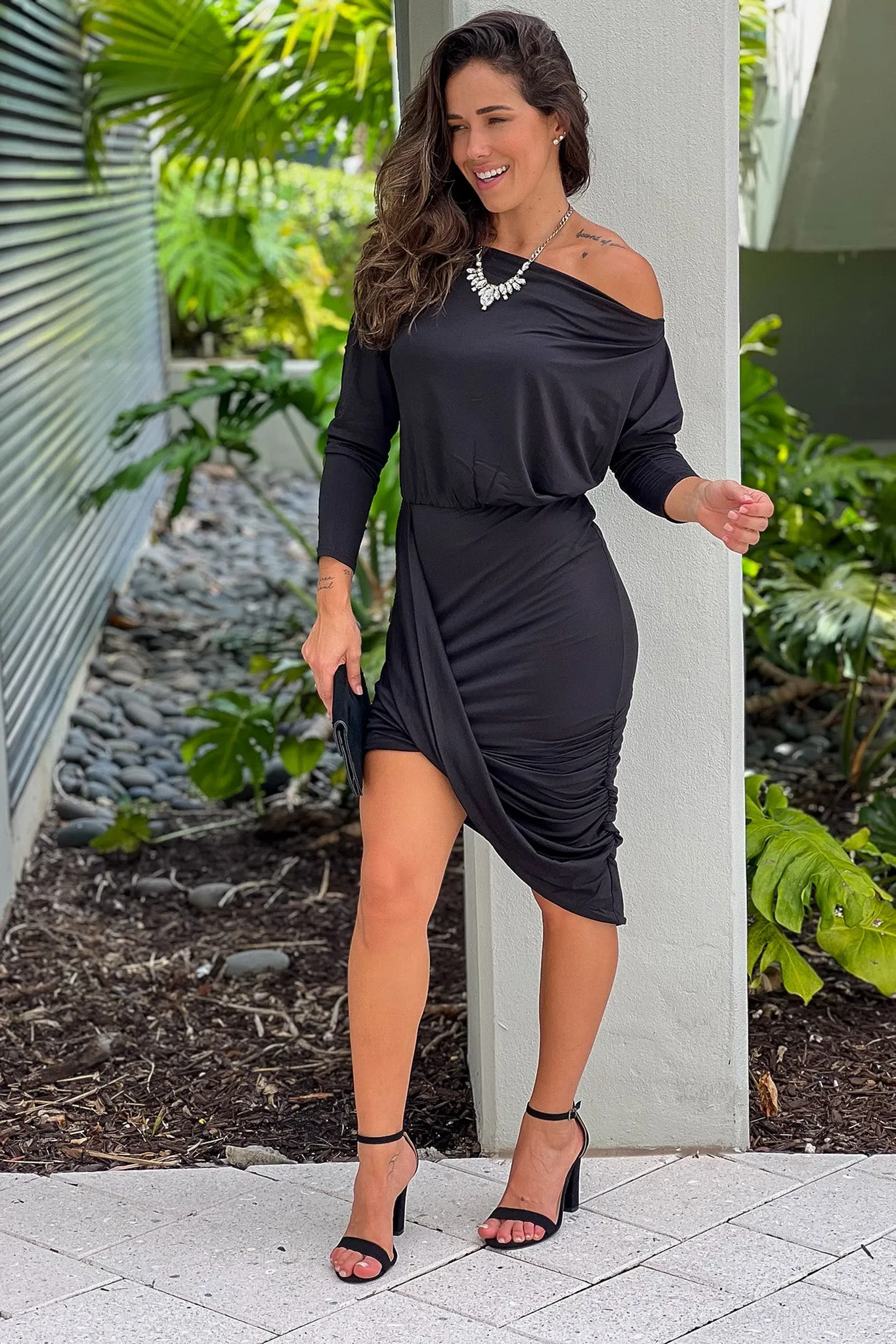 Black One Shoulder Asymmetrical Ruched Dress