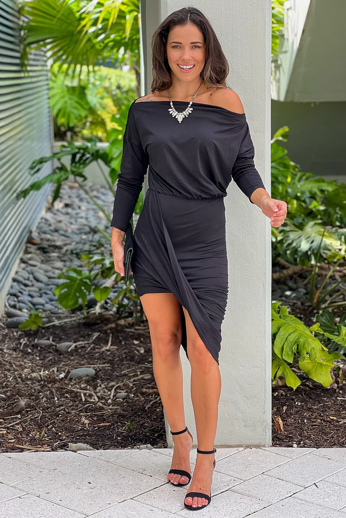 Black One Shoulder Asymmetrical Ruched Dress