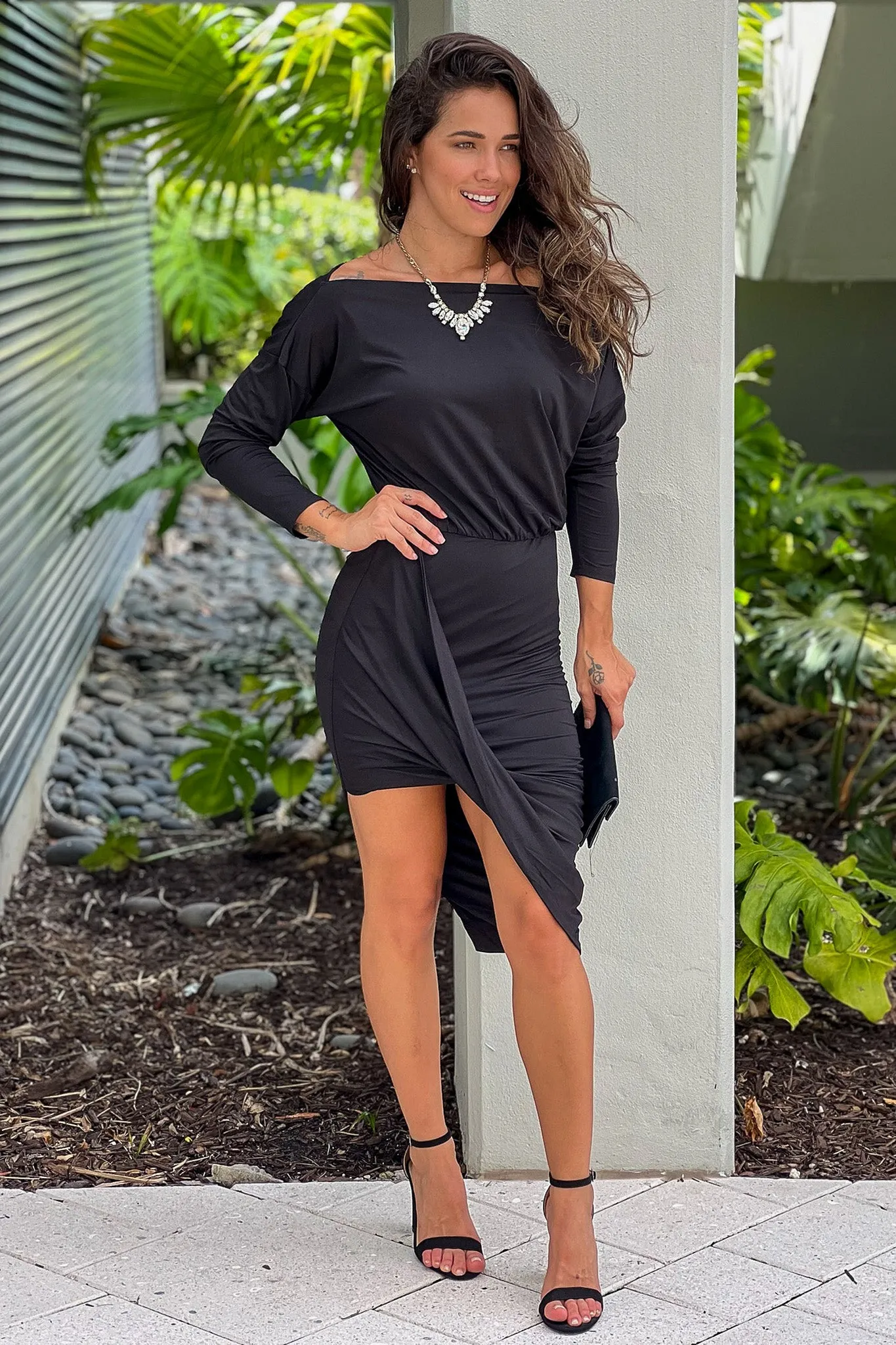 Black One Shoulder Asymmetrical Ruched Dress