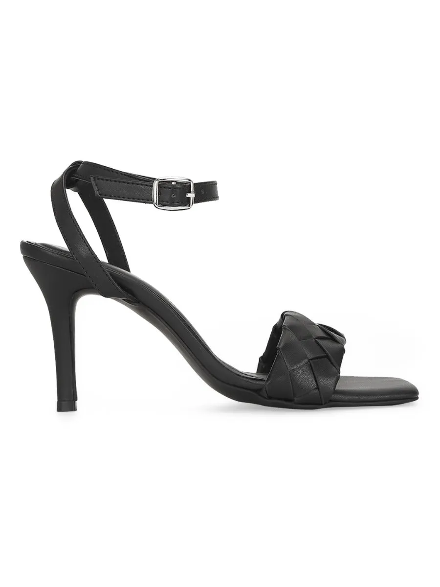 Black PU Woven Strap Stilettos