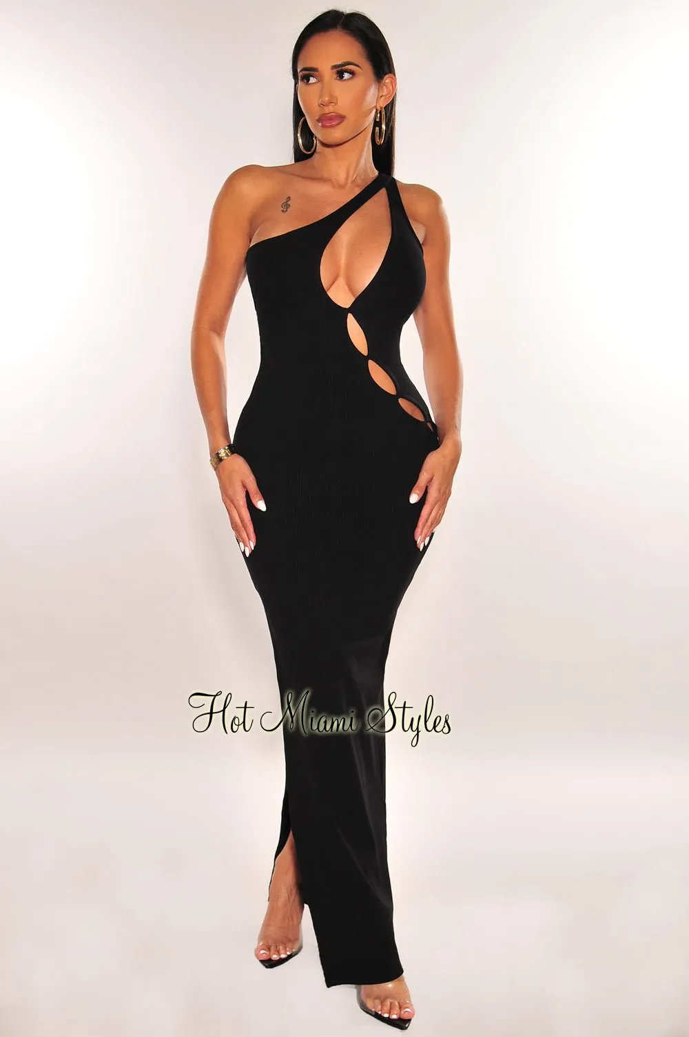 Black Ribbed One Shoulder Cut Out Slit Dress