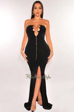 Black Ribbed Strapless Gold Chain Lace Up Slit Gown