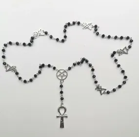 Black/Silver Rosary Necklace w/ Hanging Ankh, Pentagram, and Baphomet Detail