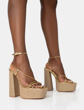 Blissful Gold Asymmetric Strappy Square Toe Raffia Platform Block Heels