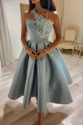 Blue Satin One Shoulder Knee Length Prom Dresses with Appliques, One Shoulder Blue Homecoming Dresses, Blue Formal Evening Dresses WT1491