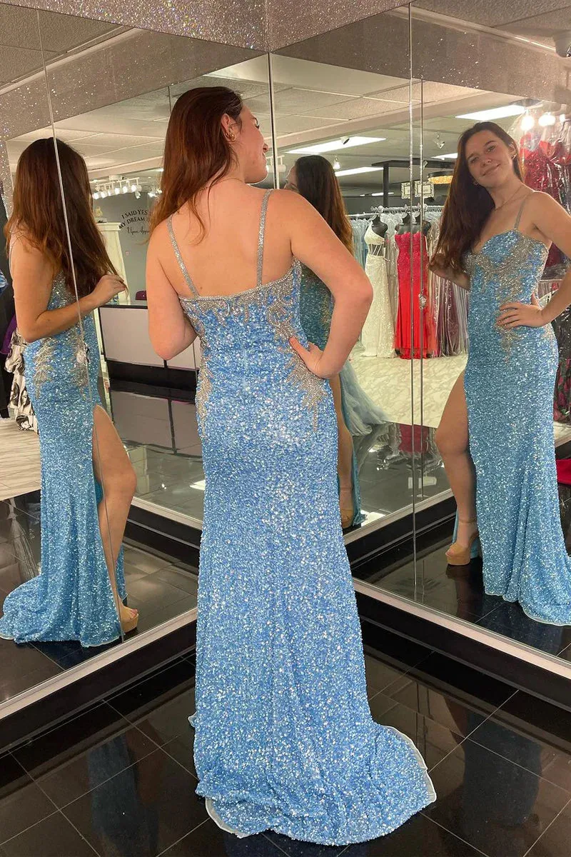 Blue Sweetheart Sequins Mermaid Long Prom Dresses with Slit