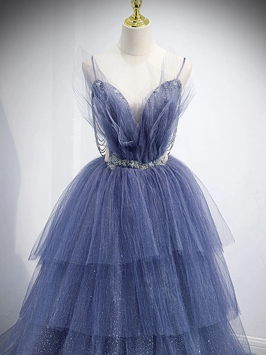 Blue v neck tulle sequin long prom dress, blue evening dress