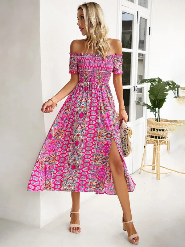 Boho Off-Shoulder Floral Slit Midi Dress with Smocked Bodice