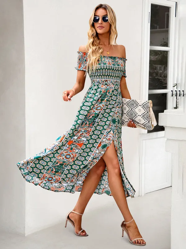 Boho Off-Shoulder Floral Slit Midi Dress with Smocked Bodice