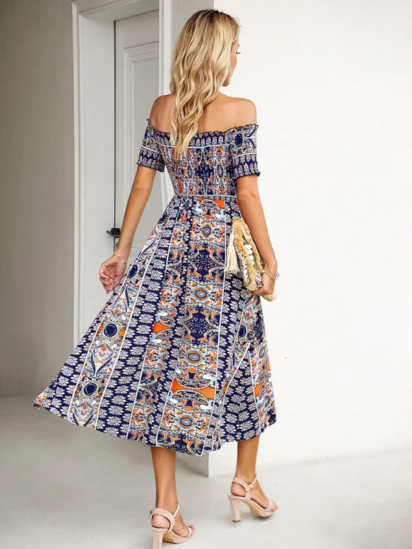 Boho Off-Shoulder Floral Slit Midi Dress with Smocked Bodice