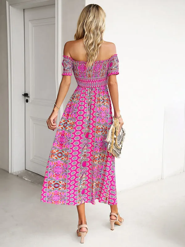 Boho Off-Shoulder Floral Slit Midi Dress with Smocked Bodice