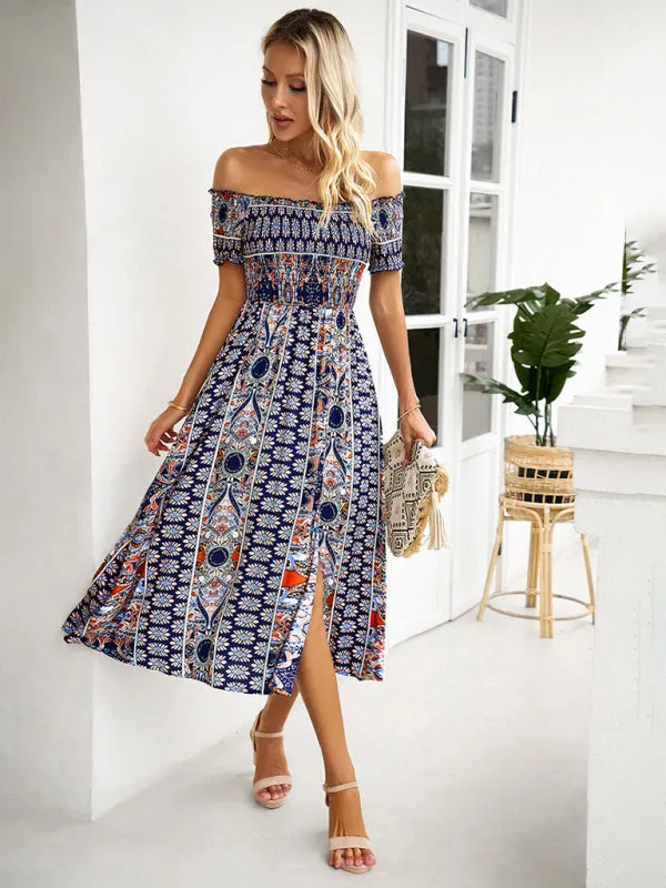 Boho Off-Shoulder Floral Slit Midi Dress with Smocked Bodice