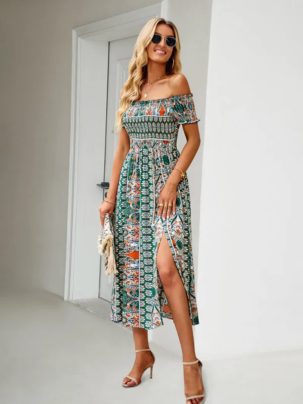 Boho Off-Shoulder Floral Slit Midi Dress with Smocked Bodice