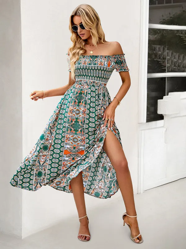 Boho Off-Shoulder Floral Slit Midi Dress with Smocked Bodice