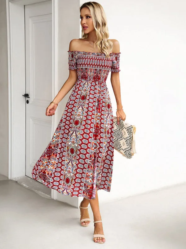 Boho Off-Shoulder Floral Slit Midi Dress with Smocked Bodice