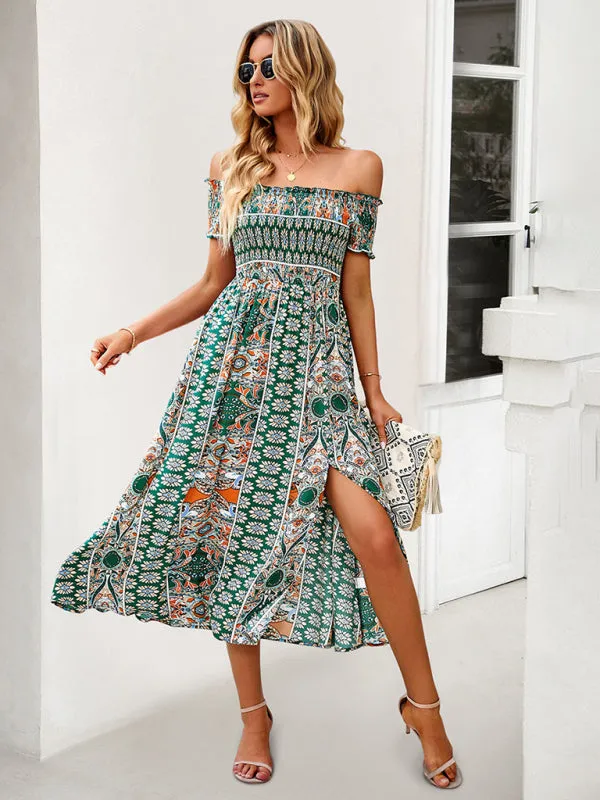 Boho Off-Shoulder Floral Slit Midi Dress with Smocked Bodice