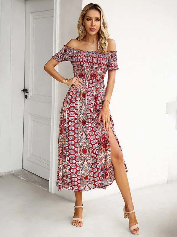 Boho Off-Shoulder Floral Slit Midi Dress with Smocked Bodice