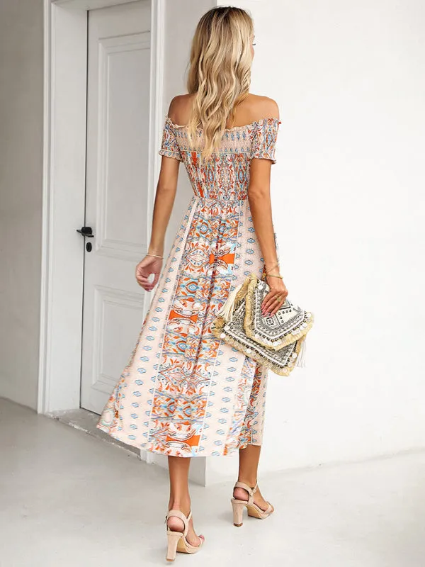 Boho Off-Shoulder Floral Slit Midi Dress with Smocked Bodice