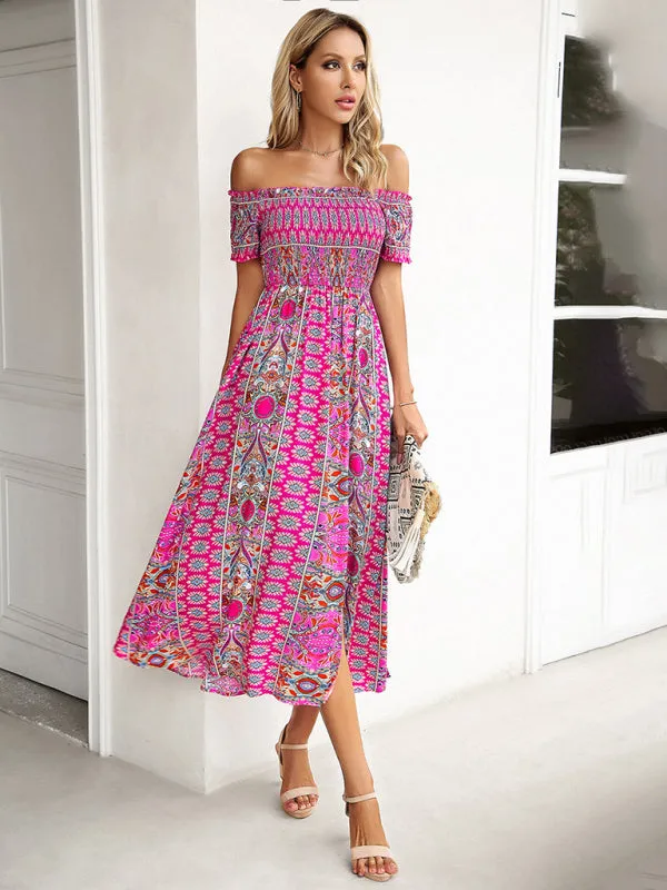 Boho Off-Shoulder Floral Slit Midi Dress with Smocked Bodice