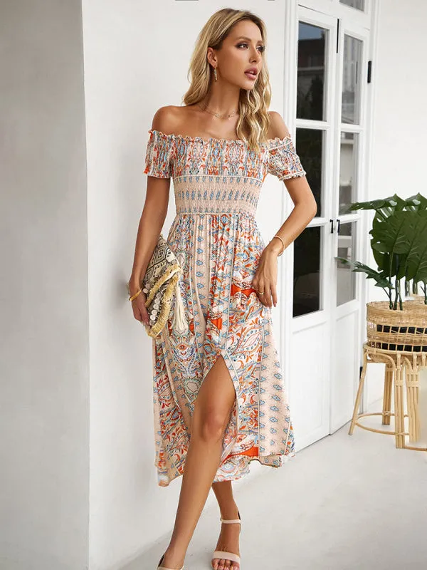 Boho Off-Shoulder Floral Slit Midi Dress with Smocked Bodice