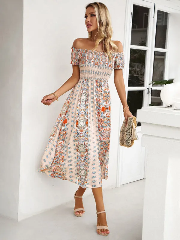 Boho Off-Shoulder Floral Slit Midi Dress with Smocked Bodice