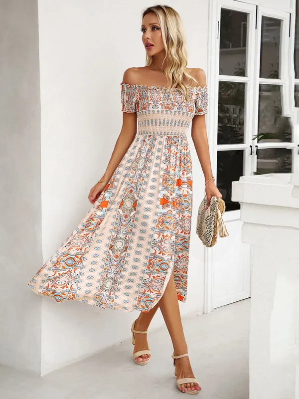 Boho Off-Shoulder Floral Slit Midi Dress with Smocked Bodice