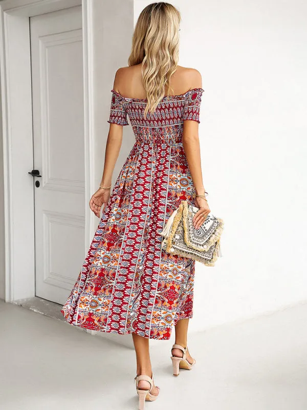 Boho Off-Shoulder Floral Slit Midi Dress with Smocked Bodice