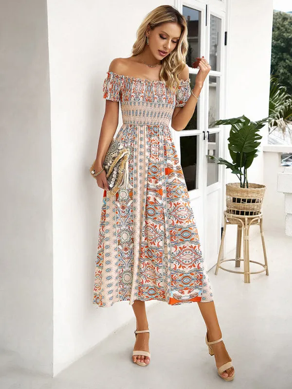 Boho Off-Shoulder Floral Slit Midi Dress with Smocked Bodice