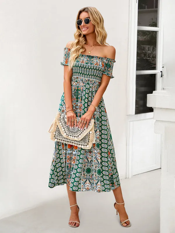 Boho Off-Shoulder Floral Slit Midi Dress with Smocked Bodice