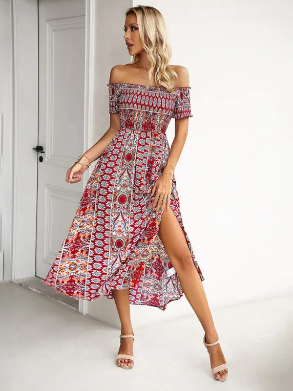 Boho Off-Shoulder Floral Slit Midi Dress with Smocked Bodice