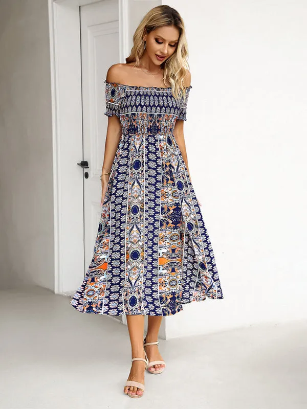 Boho Off-Shoulder Floral Slit Midi Dress with Smocked Bodice