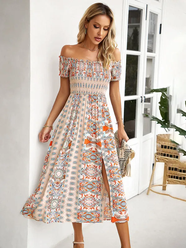 Boho Off-Shoulder Floral Slit Midi Dress with Smocked Bodice