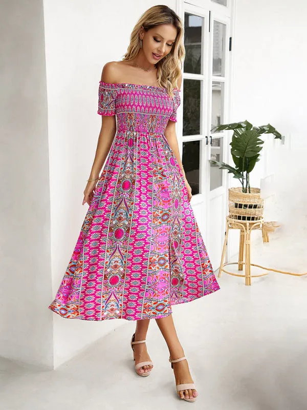 Boho Off-Shoulder Floral Slit Midi Dress with Smocked Bodice