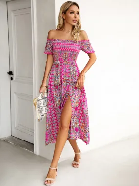 Boho Off-Shoulder Floral Slit Midi Dress with Smocked Bodice