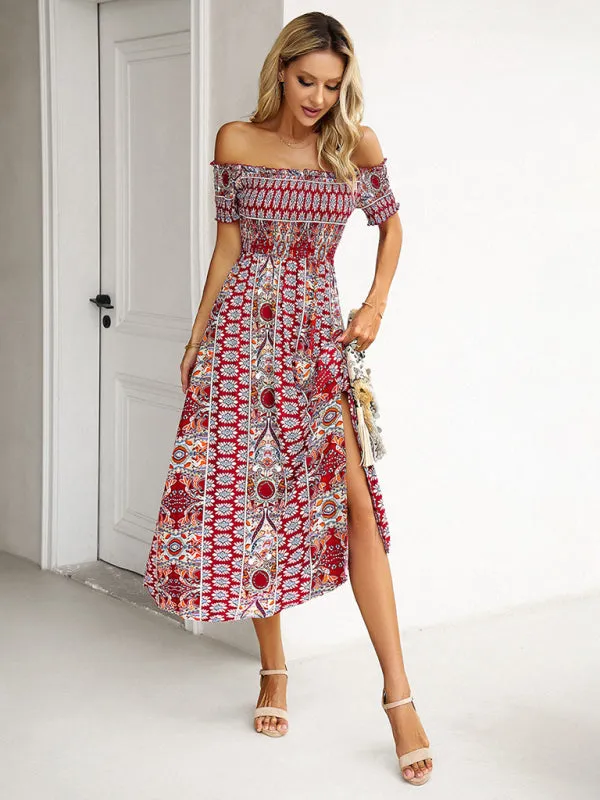 Boho Off-Shoulder Floral Slit Midi Dress with Smocked Bodice