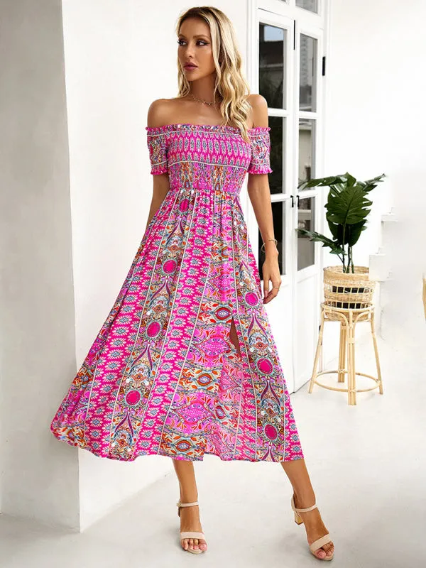 Boho Off-Shoulder Floral Slit Midi Dress with Smocked Bodice