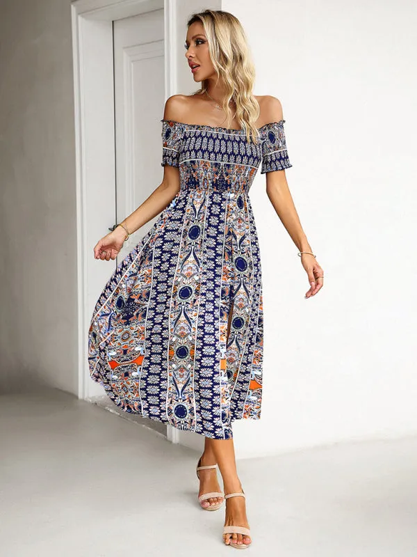 Boho Off-Shoulder Floral Slit Midi Dress with Smocked Bodice