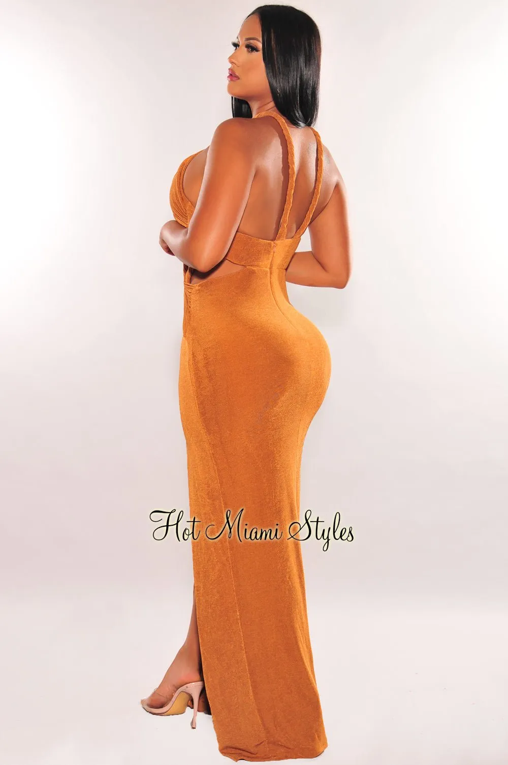 Caramel Shimmery Twist Rope Cut Out Slit Maxi Dress