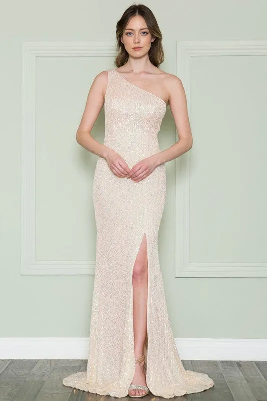 Champagne One Shoulder Iridescent Sequin Dress