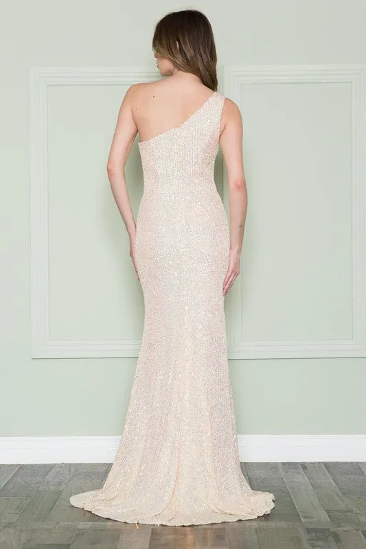 Champagne One Shoulder Iridescent Sequin Dress