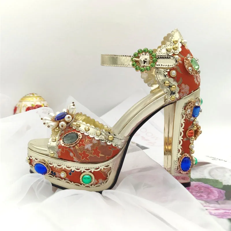 Crystal Embroidery Platform Heels