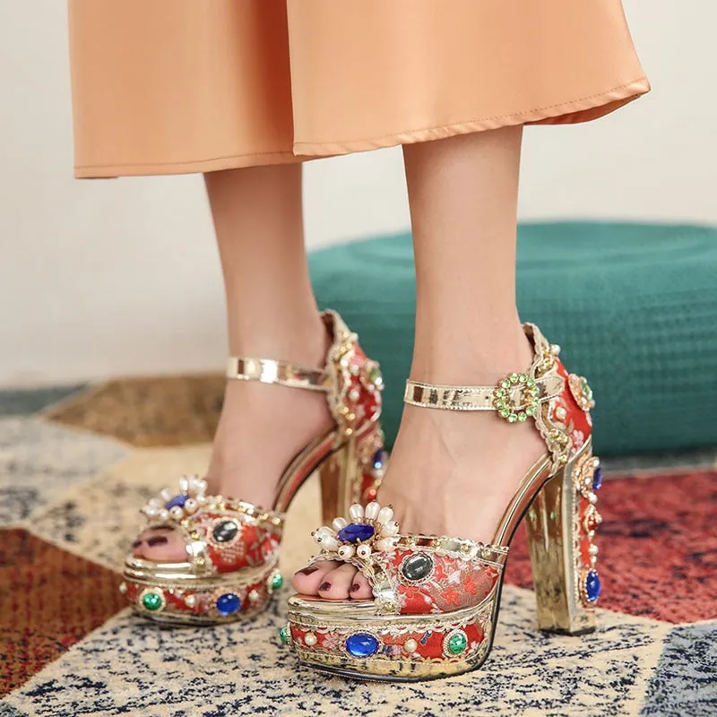 Crystal Embroidery Platform Heels