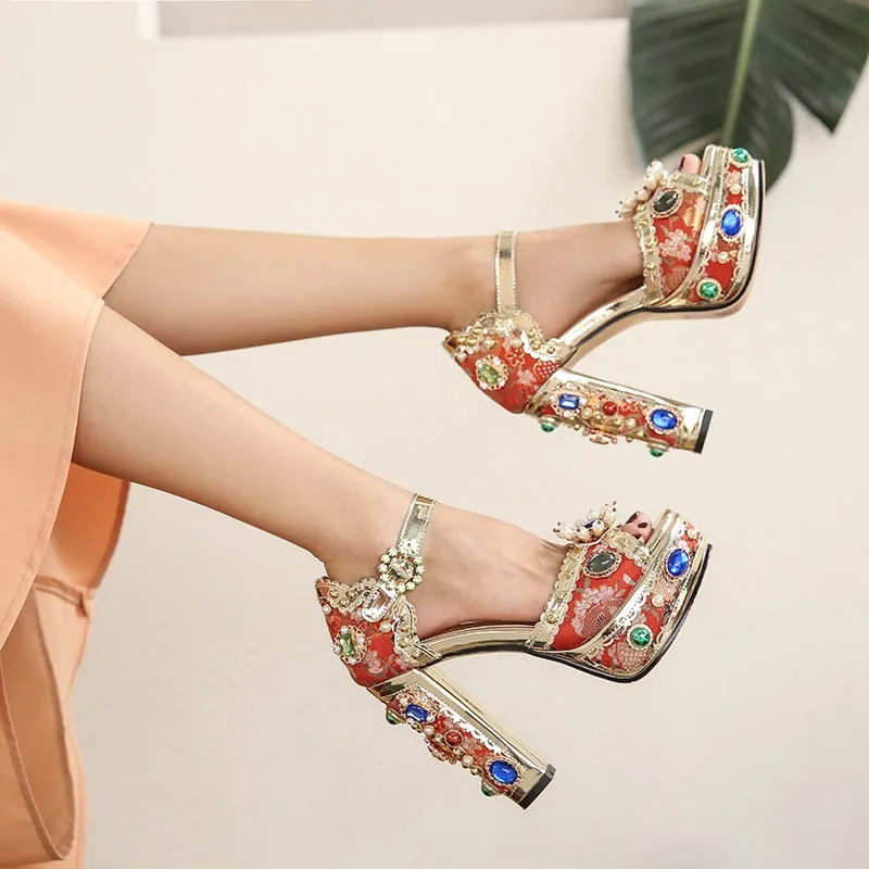 Crystal Embroidery Platform Heels