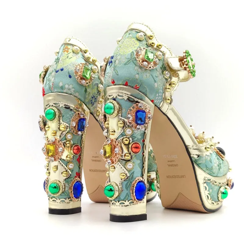 Crystal Embroidery Platform Heels